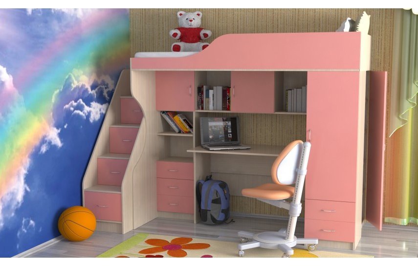 

Кровать-чердак с рабочей зоной KidsBunkBed K-0225 дуб молочный розовый 93.4х 83.3 х193.2 см.