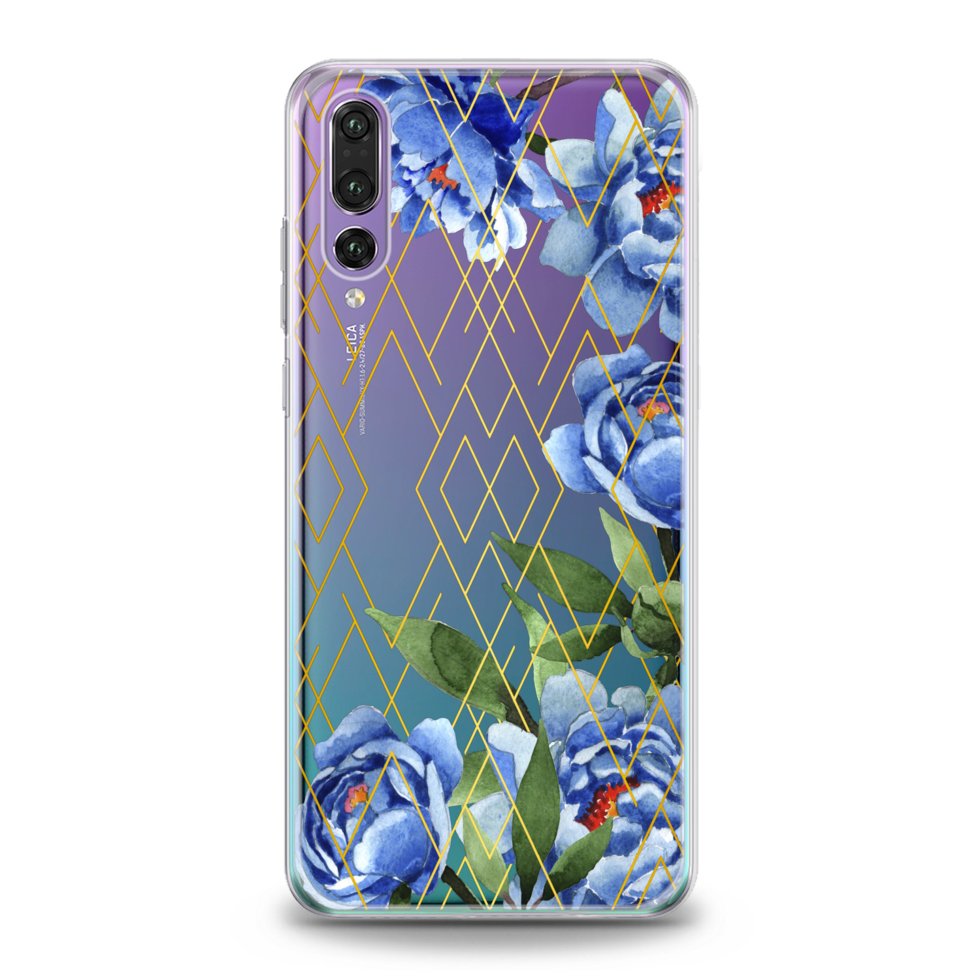 Чехол силиконовый для Huawei (Голубые пионы) Honor Note 10 хуавей хонор ...