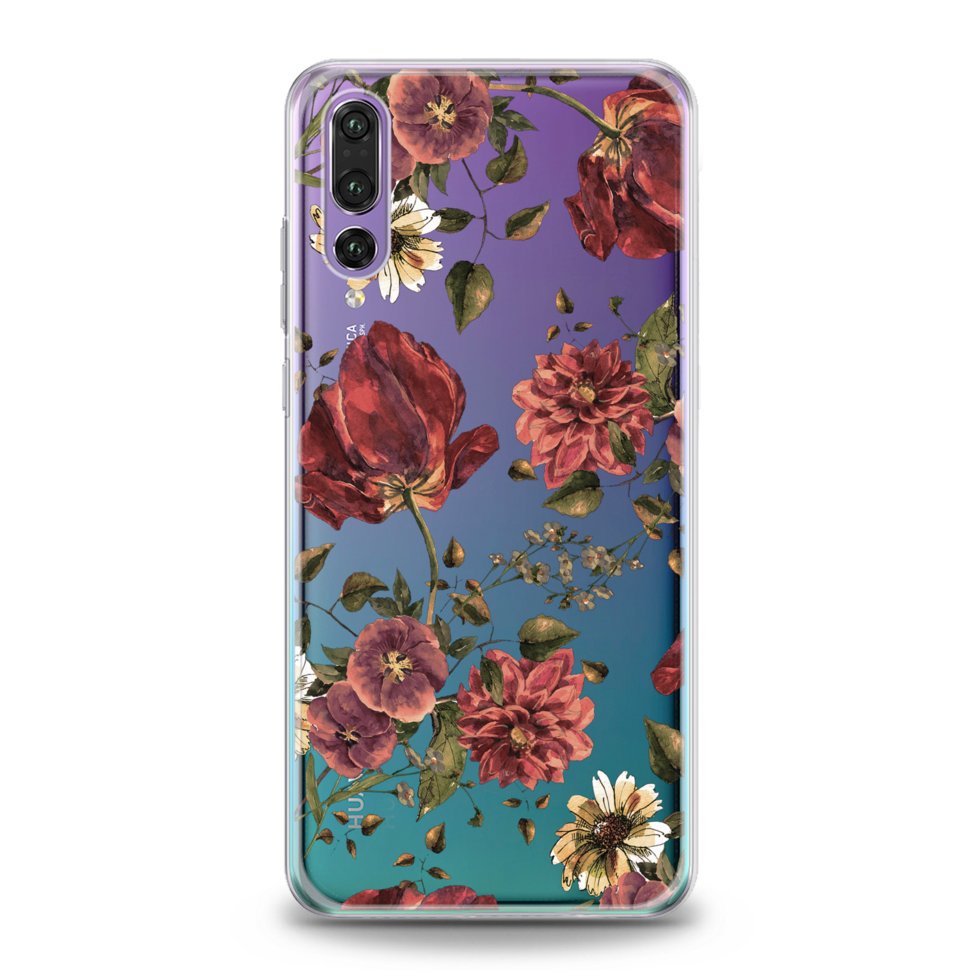Чехол силиконовый для Huawei (Расписные красные цветы) Honor V9 Play ...