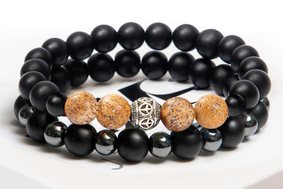 

Парный браслет мужской и женский DMS Jewelry из натуральных камней Ø 8мм: шунгит, гематит (синт), пейзажная яшма YELLOW EYE WOMEN