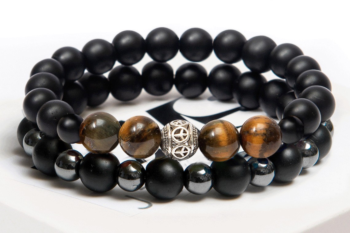 

Парный браслет мужской и женский DMS Jewelry из натуральных камней Ø 8мм: шунгит, гематит (синт), тигровый глаз BROWN EYE WOMEN