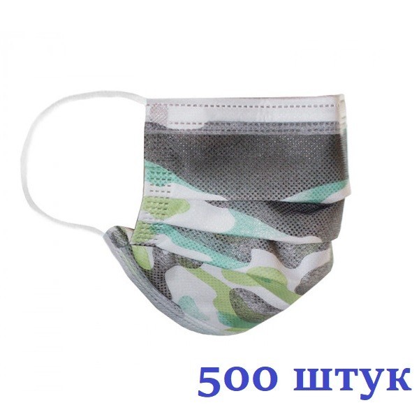 

Маски медицинские НЗМ Детские трехслойные не стерильные Камуфляж с мельтблауном Украина высокое качество 500 шт