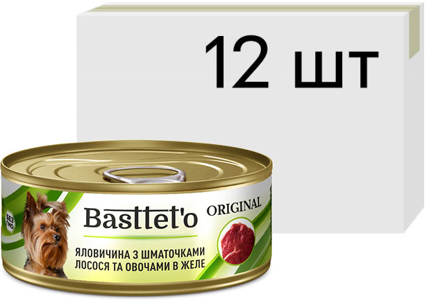 

Упаковка влажного корма для собак Basttet`o Original Говядина с кусочками лосося и овощами в желе 12 штук по 85 гр (4820185492638)