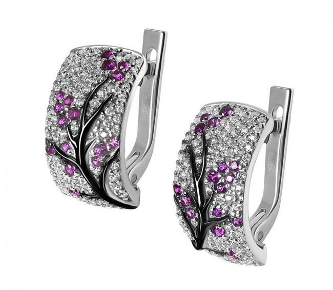 

Серебряные серьги с Цирконием на английской застежке Сакура 20473 Бело-Розовые