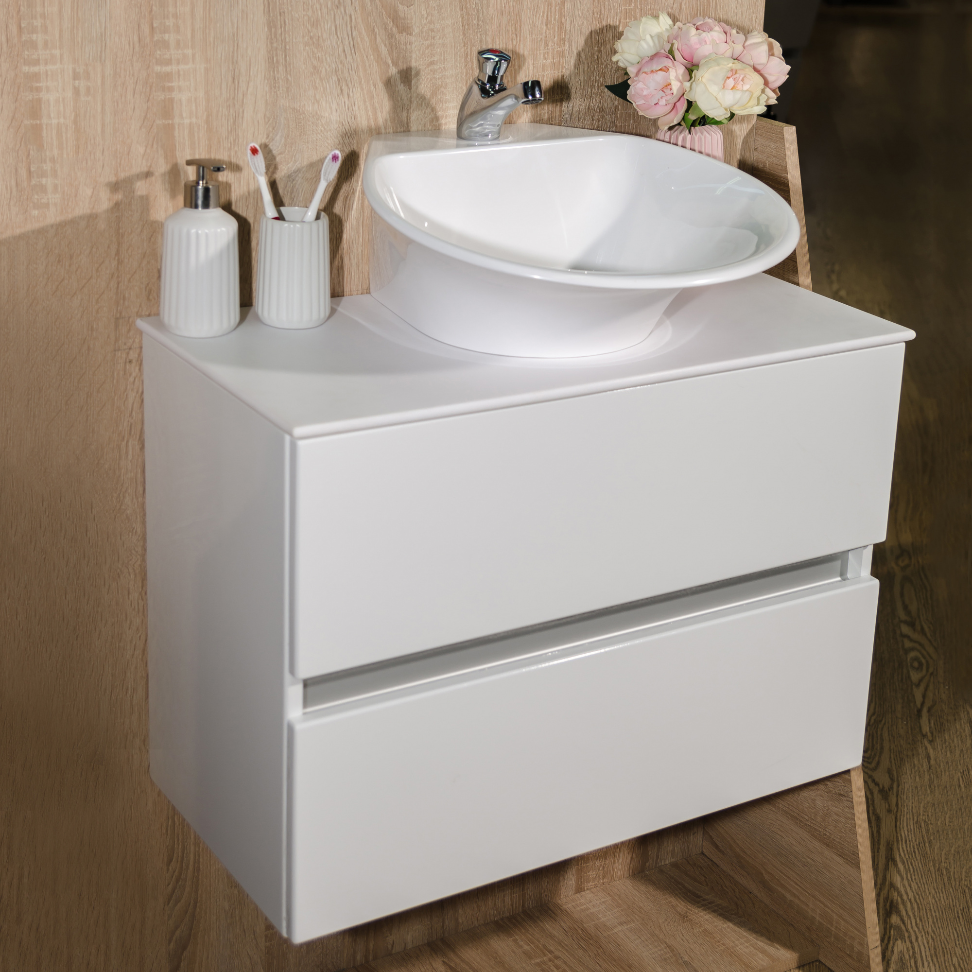 

Тумба Fancy Marble Rodos подвесная белая с умывальником Nila 70 см