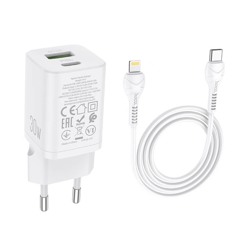 

Зарядное устройство с быстрой зарядкой + кабель Lightning HOCO N13 |1USB/1Type-C QC/PD 30W 3A| Белый