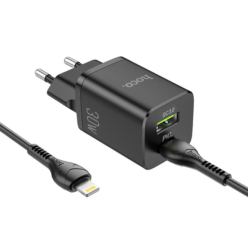 

Зарядное устройство с быстрой зарядкой + кабель Lightning HOCO N13 |1USB/1Type-C QC/PD 30W 3A| Черный