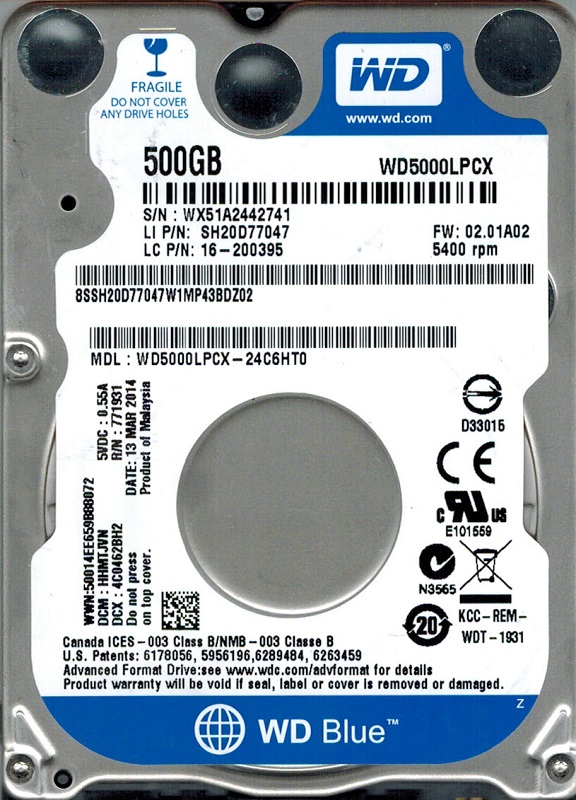 

Накопитель HDD 2.5" SATA 500GB WD Blue 5400rpm 16MB (WD5000LPCX)