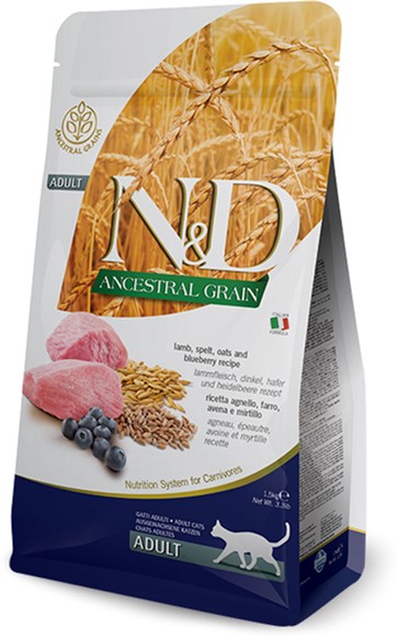 

Низкозерновой сухой корм Farmina LOW GRAIN для взрослых кошек (ягненок / черника), 5 кг