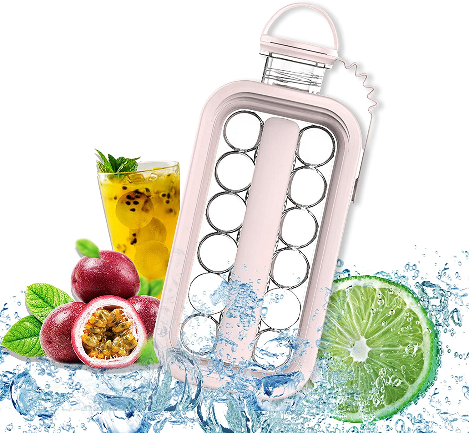 

Портативная силиконовая форма для льда бутылка 2 в 1 ICE CUBE TRAY складная на 17 шариков Розовый