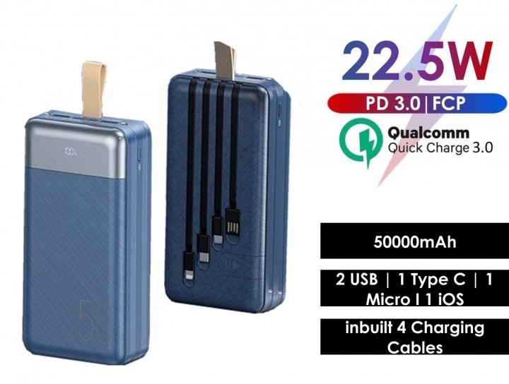 

Павербанк Remax Quick Charge 22.5W 50000 mAh |2xUSB/Type-C| blue