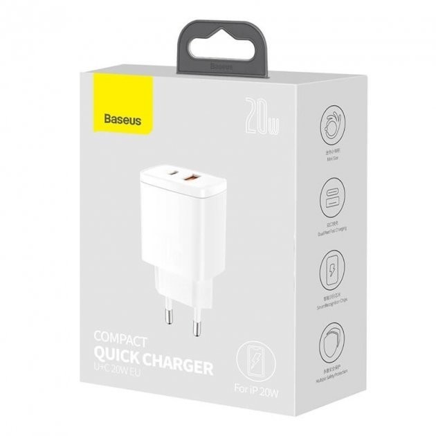 

Зарядное устройство Baseus Compact 20W, 3А USB/Type-C white