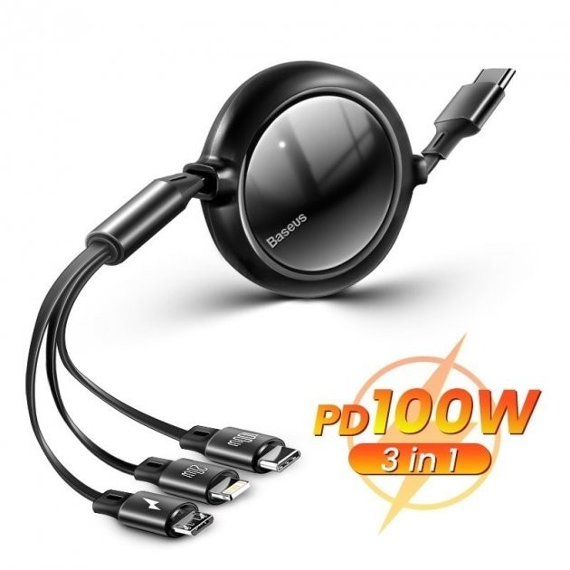 

Кабель Baseus Retractable 100W Type-C/Micro/Lightning 1.2m black