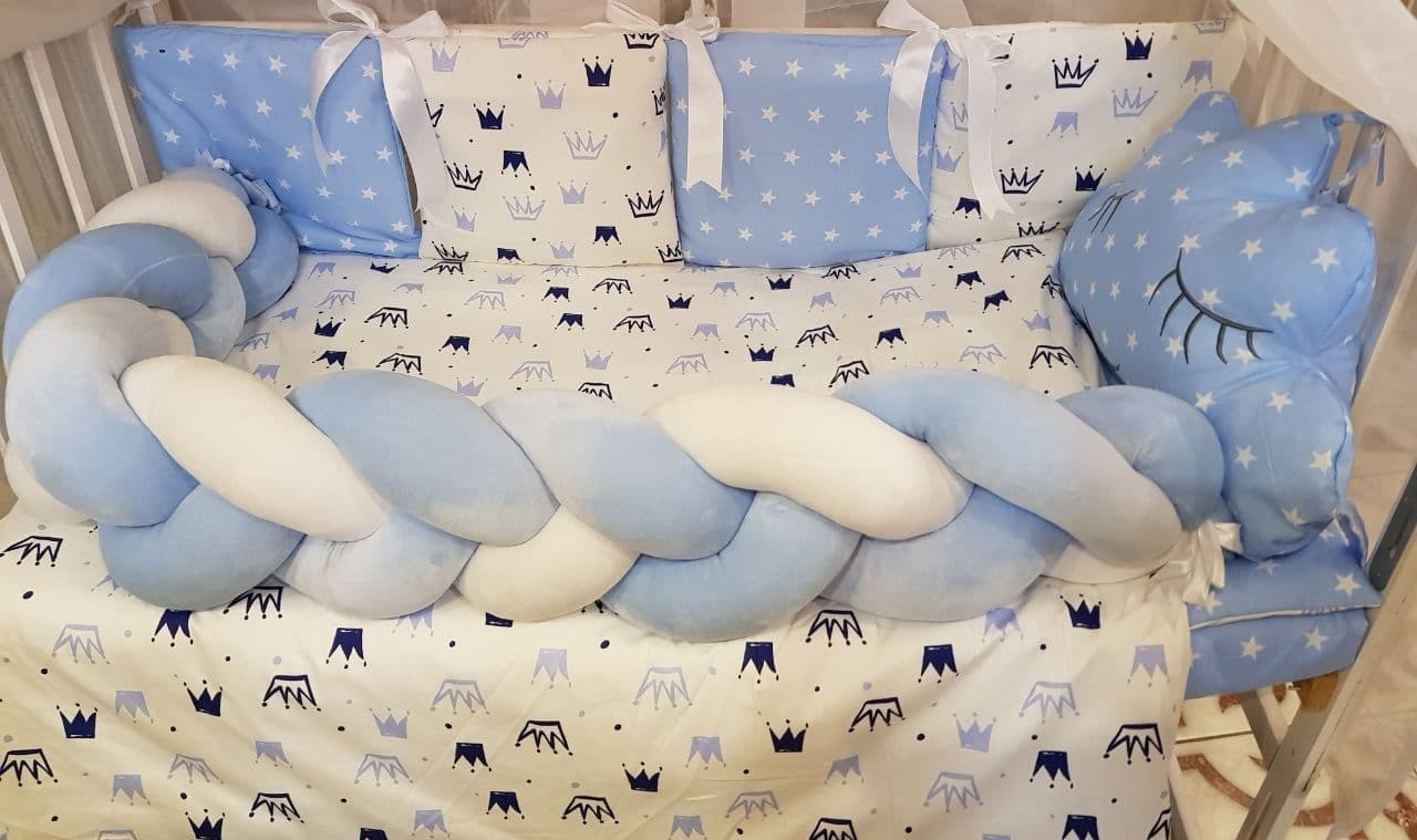 

Комплект постельный с бортиками и балдахином в детскую кроватку "Koss" , Короны, голубой