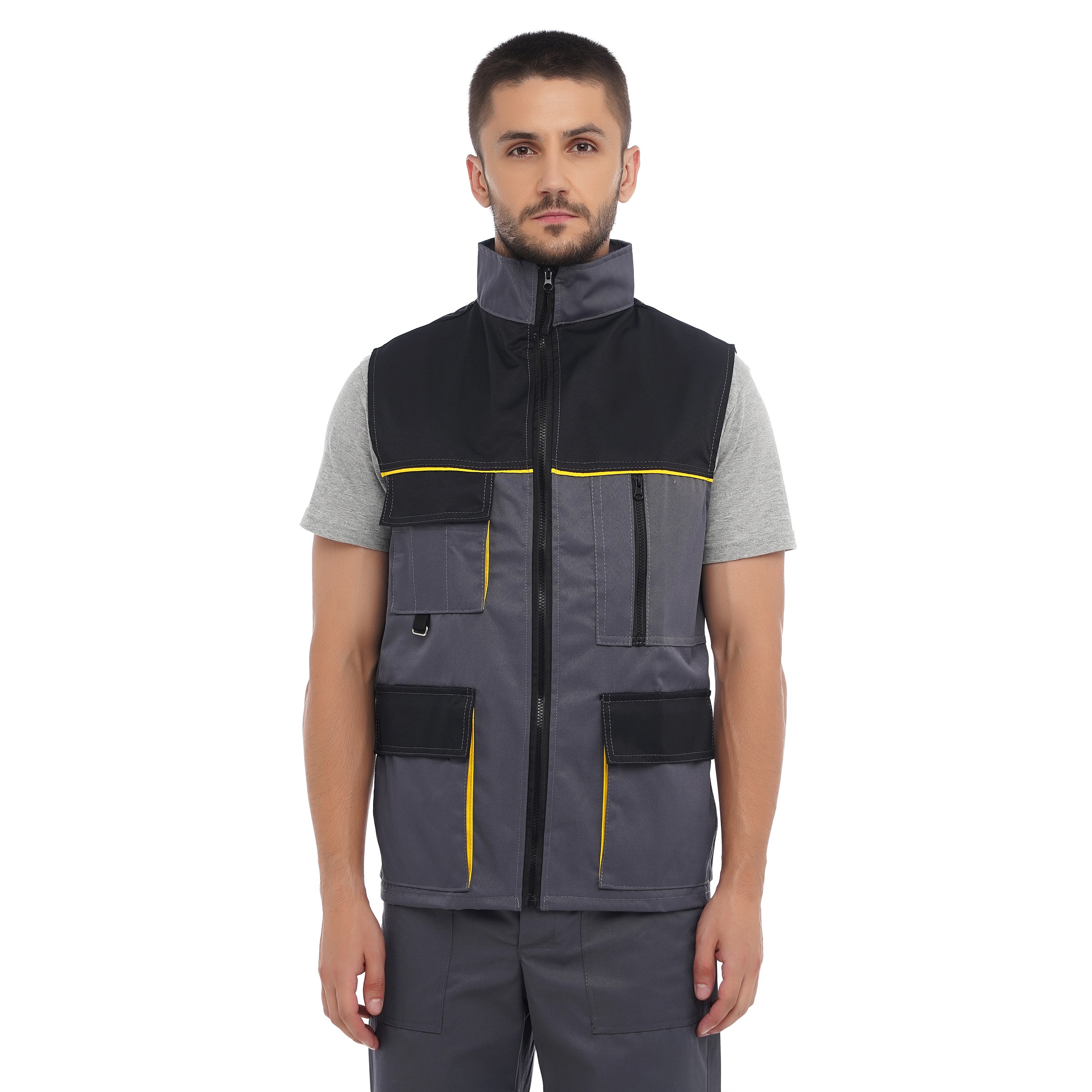 

Жилет рабочий ЭКСПЕРТ серо-черный (желтые вставки) 52-54, Жилет рабочий ЭКСПЕРТ серо-черный (желтые вставки) 52-54 ( XL )