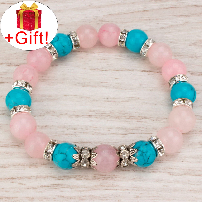 

Браслет бирюза натуральная и розовый кварц натуральный (8 мм), размер 18 см, julB0537