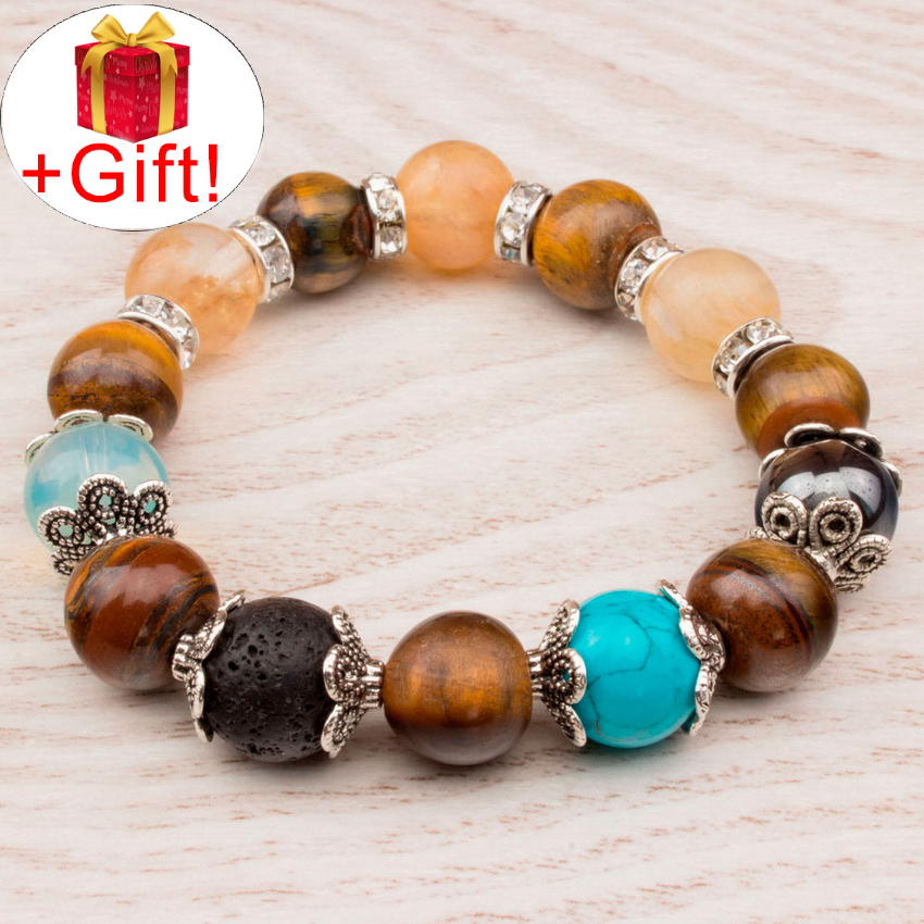 

Браслет бирюза натуральная, гематит натуральный, лава натуральная, лунный камень натуральный, тигровый глаз натуральный и цитрин натуральный (12 мм), размер 18 см, julB0604