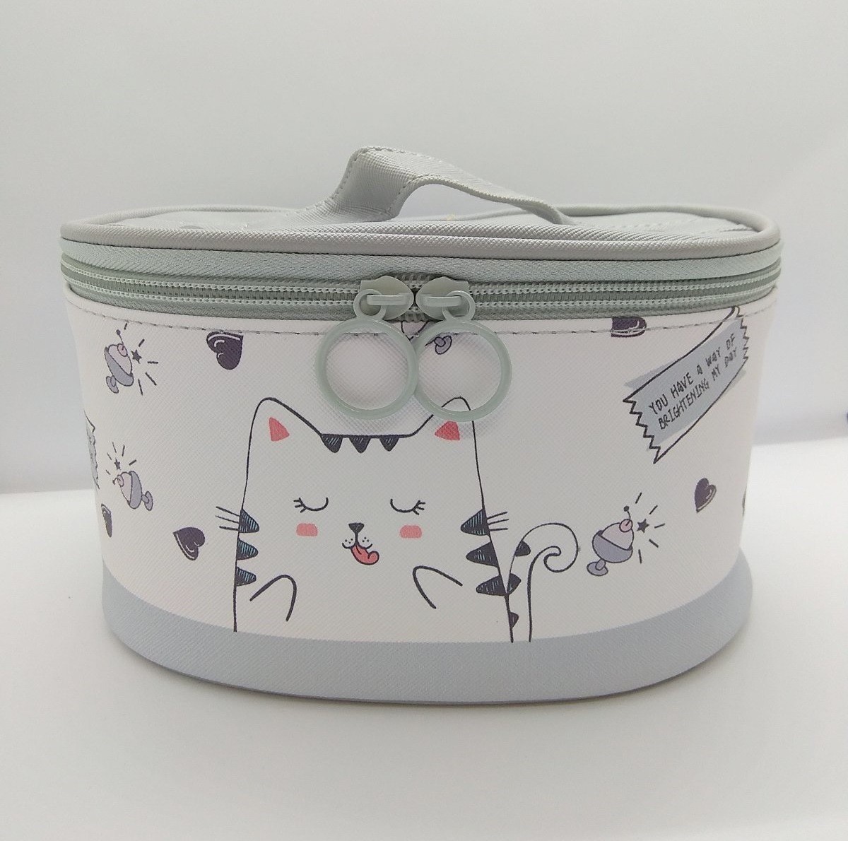 

Косметичка каркасная серая экокожа с котиком большая 22 х17 х13 см