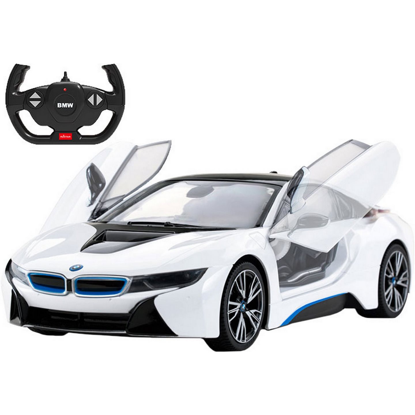 

Машинка Спорткар на пульте управления Rastar, Радиоуправляемый автомобиль BMW i8 + USB кабель, со звуковыми и световыми эффектами, 33х15,3х9 см