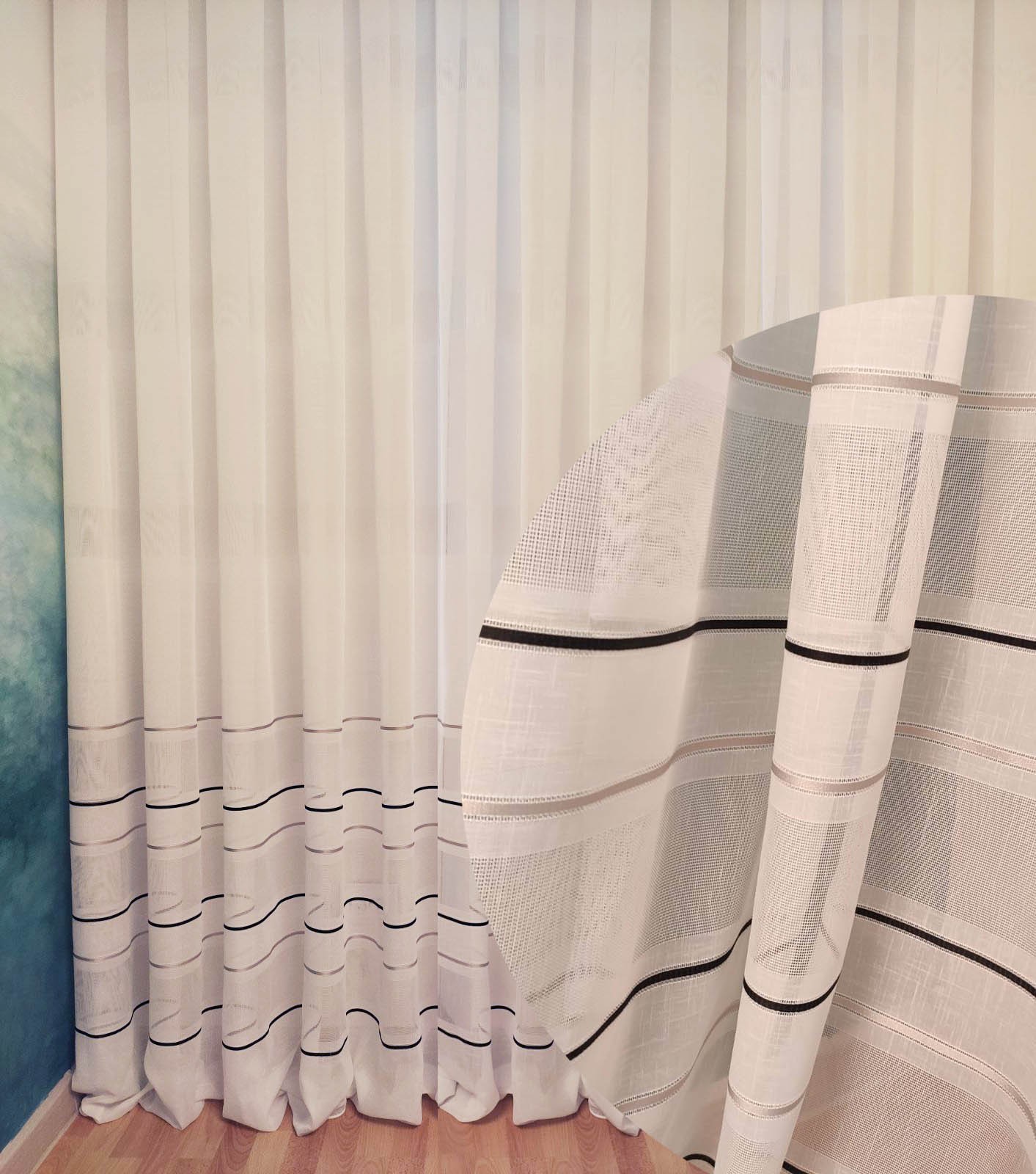 

Тюль Скарлетт батист с полоской Декорин 300х270 см 1 шт Молочный с серым и черным