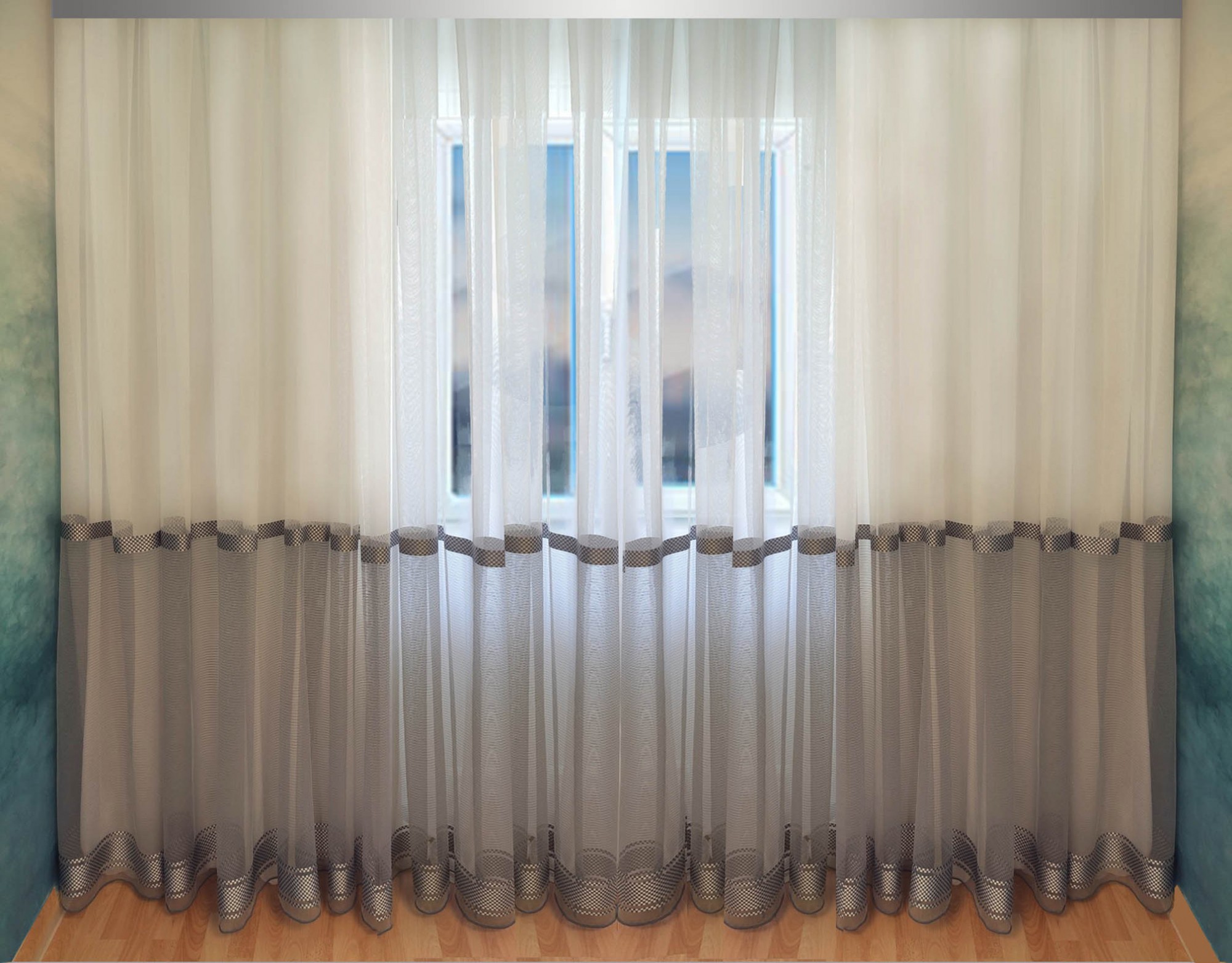 

Тюль Домино микросетка с полоской Декорин 300х300 см 1 шт Белый с серым