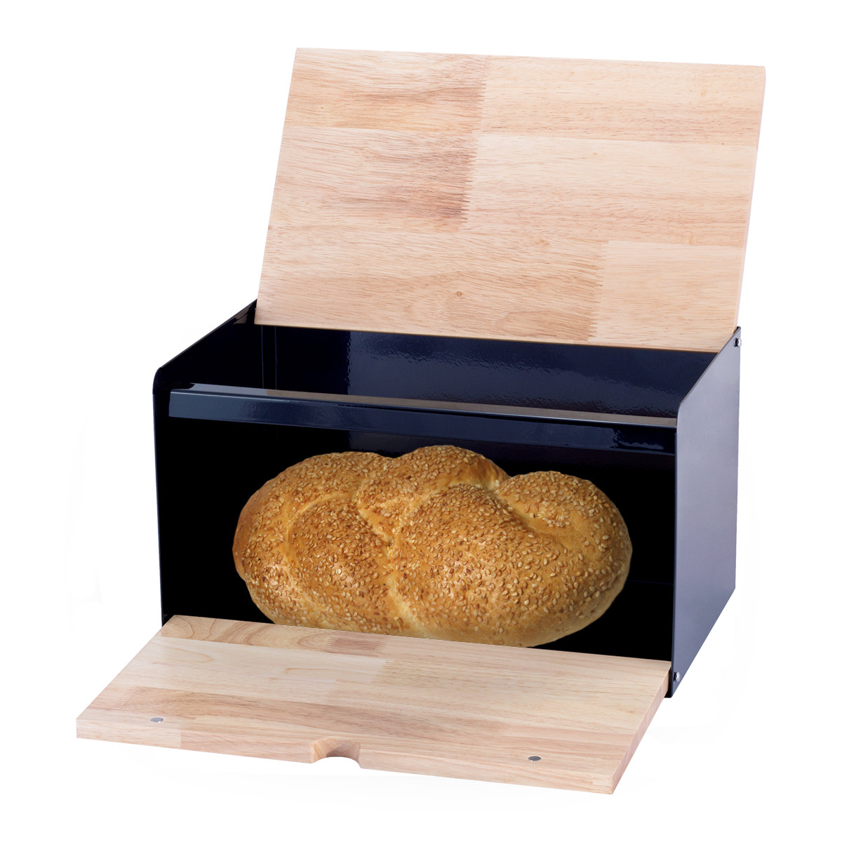 

Хлебница Kamille 35.5см из нержавеющей стали с откидной крышкой на магните из дерева KM-1117