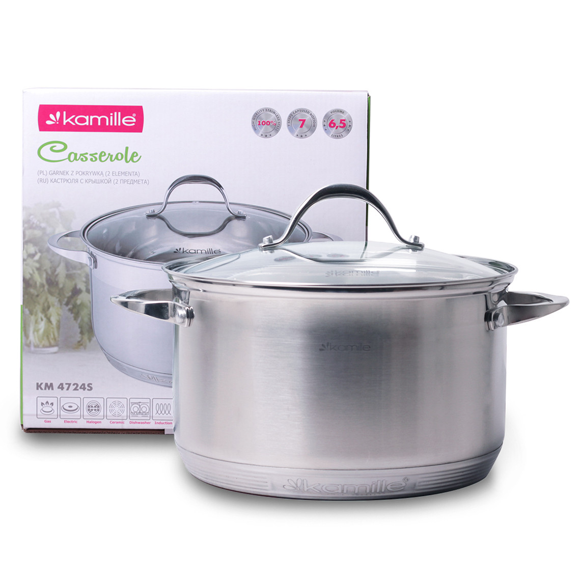 

Кастрюля с крышкой Kamille 5.8л из нержавеющей стали и 7-слойным дном для индукции и газа KM-4724S