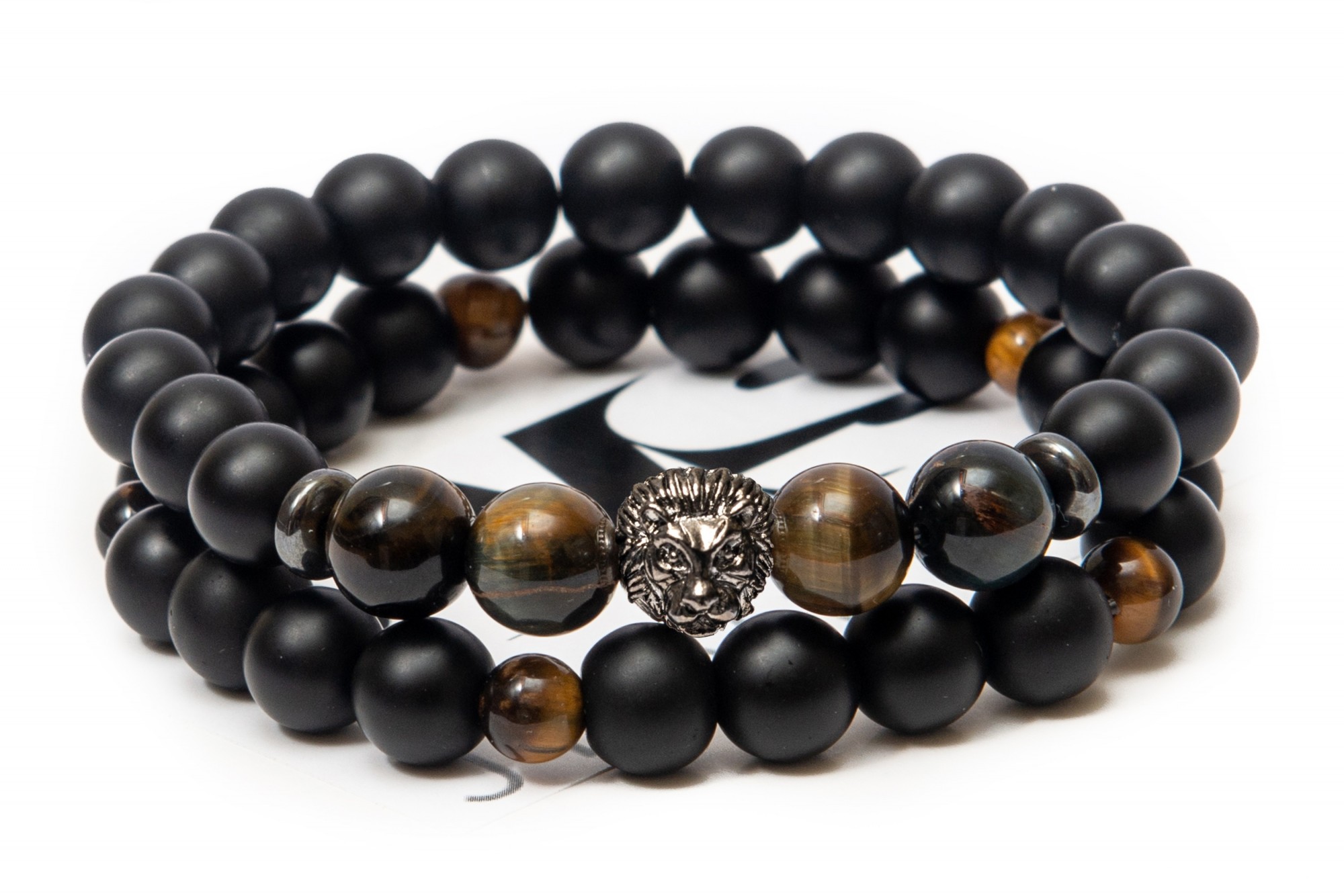 

Парный браслет мужской и женский со львом DMS Jewelry из натуральных камней Ø 8мм: шунгит, гематит (синт.), тигровый глаз LION BROWN