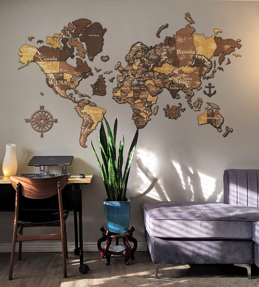 

Деревянная карта мира на стену из дерева многослойная LikeWood Perfect World 3D XLL 300 × 175 см Гравировка Страны и города Кипарис и Дуб