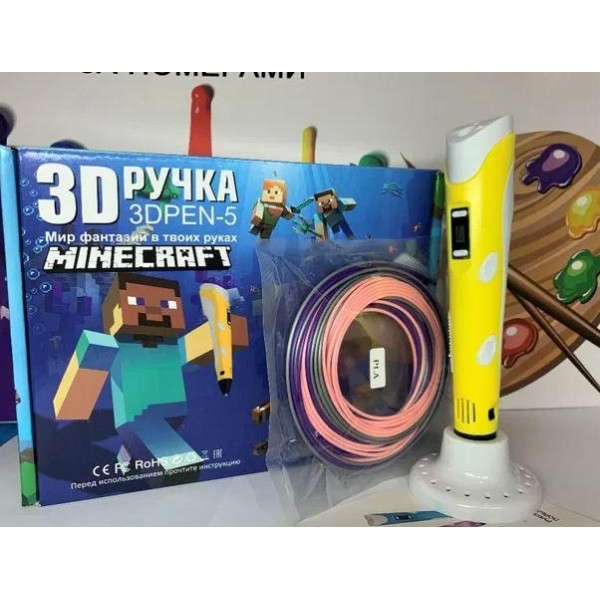 

3D ручка с LCD Дисплеем Майнкрафт 3D PEN-5 GEN Minecraft для рисования Эко Пластиком, Желтая + Трафареты (D-2019090683)