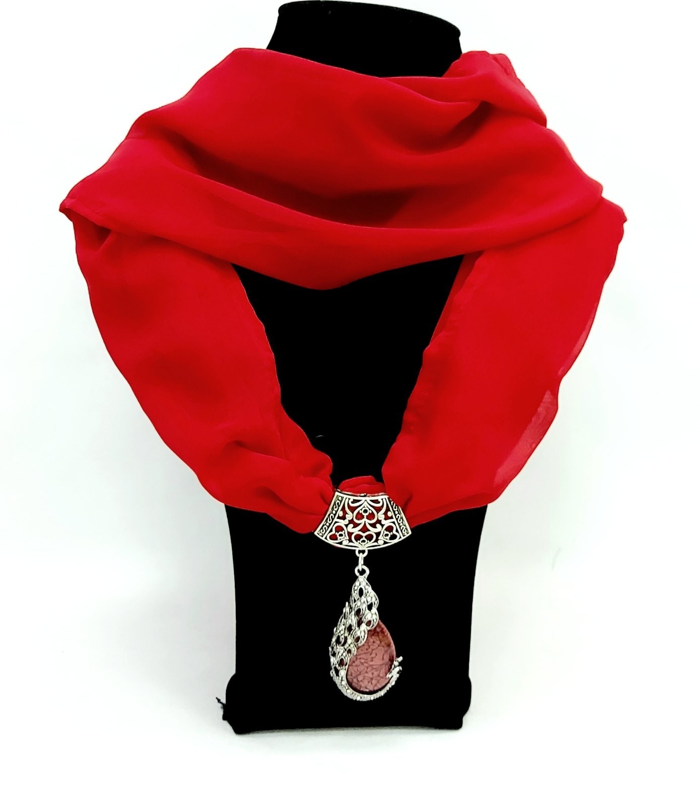 

Шарф снуд женский декоративный шифоновый с украшением ожерелье 150х 50см SHI красный