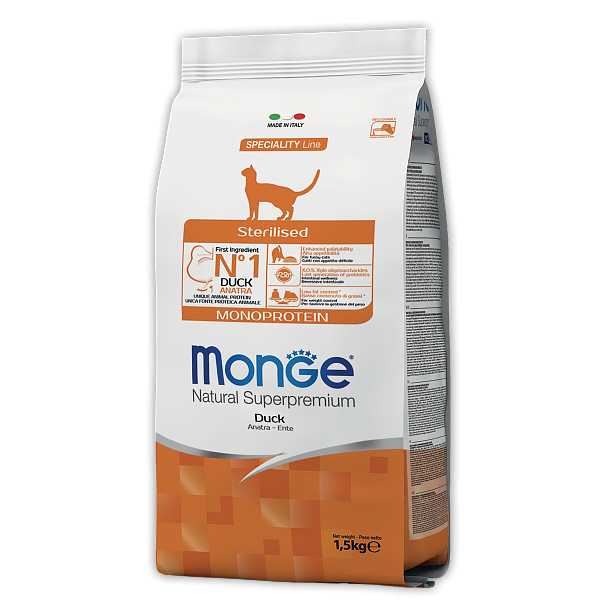 

Корм для стерилизованных кошек Monge CAT Sterilised с уткой 10 кг (70056182)