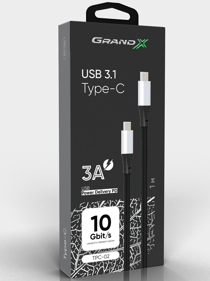 

Кабель Grand-X USB Type-C - USB Type-C, Power Delivery, 65W, 1м, Black (TPC-02)