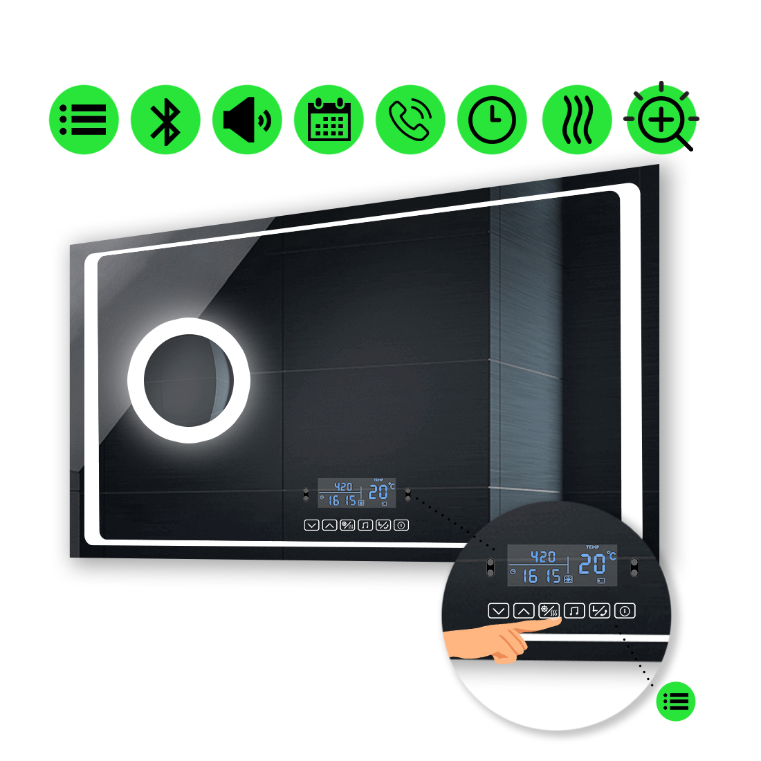

LED-зеркало 110x70см, с Smart-блоком, линзой с подсветкой и подогревом, модель Emma (Emmag195)