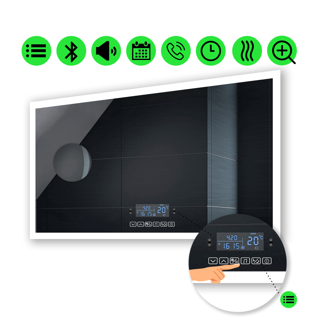 

LED-зеркало 100x70см, с Smart-блоком, линзой без подсветки и подогревом, модель Simphony (Simphonyg152)