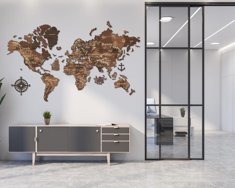 

Деревянная карта мира на стену из дерева многослойная LikeWood Perfect World 3D M 150 × 90 см Гравировка Страны и города Кипарис