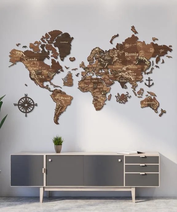 

Деревянная карта мира на стену из дерева многослойная LikeWood Perfect World 3D S 130 × 78 см Гравировка Страны и города Кипарис