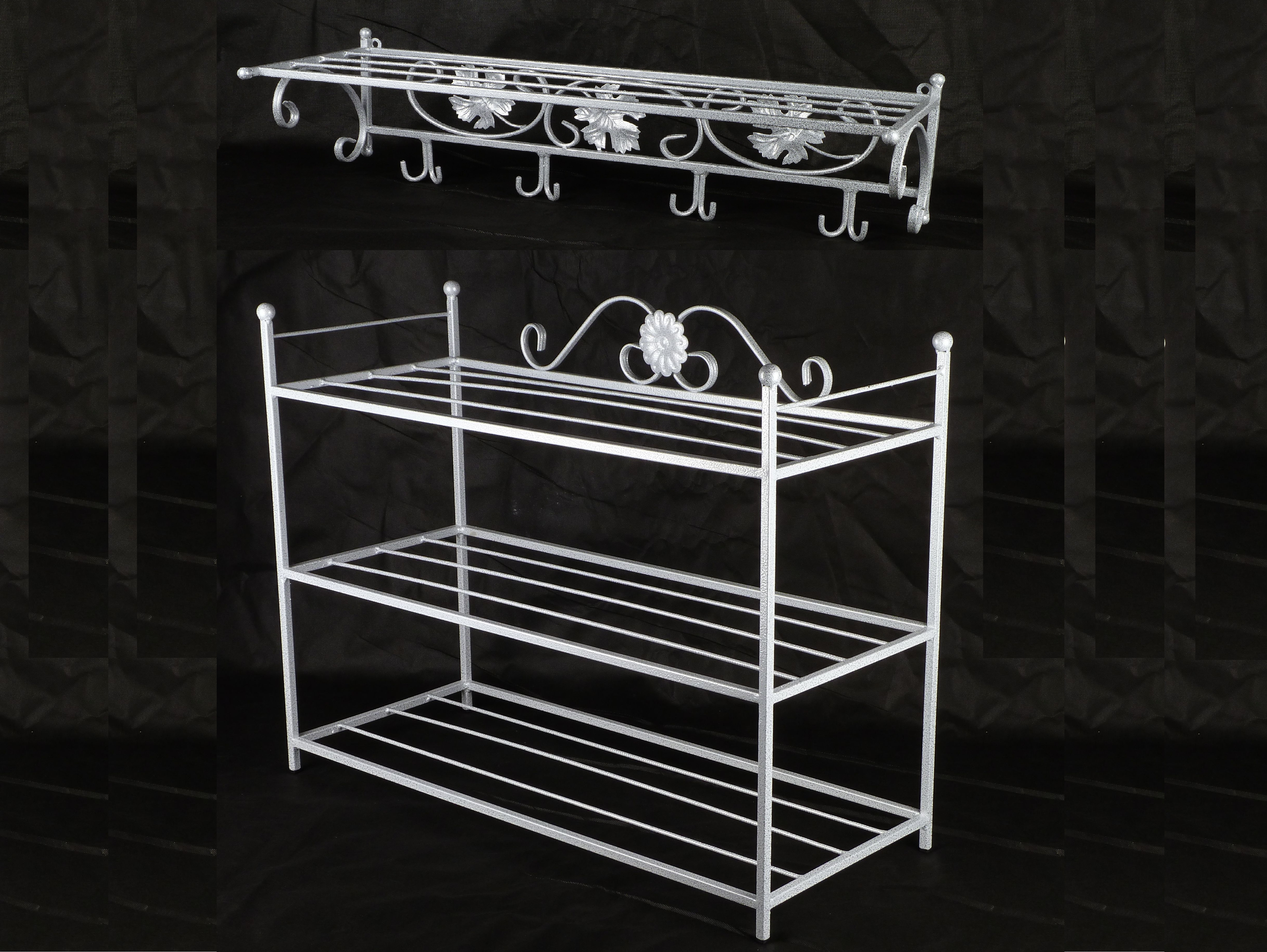 

Комплект полка для обуви Ferrum Prestige White Silver и вешалка настенная Ferrum Venice White Silver металлические кованые, обувница, в прихожую
