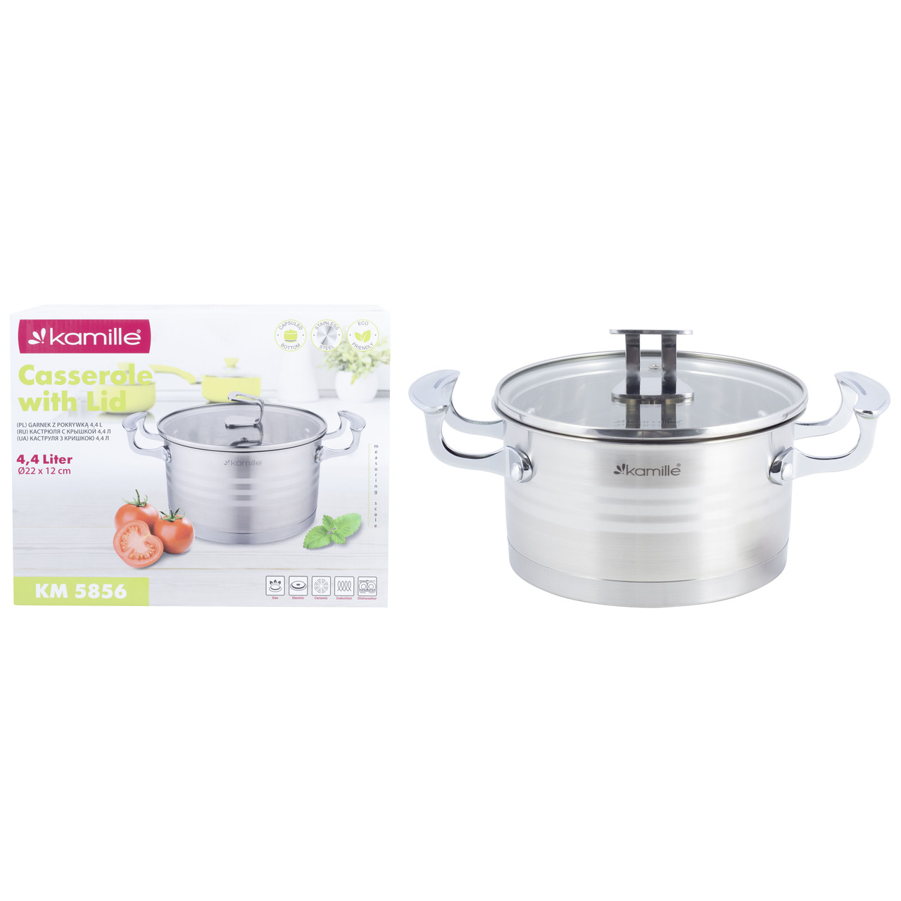 

Кастрюля с крышкой Kamille 4,4л из нержавеющей стали для приготовления пищи для индукции и газа KM-5856