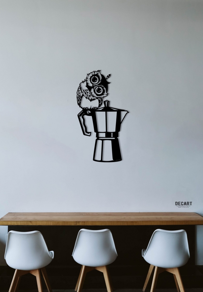 

Деревянная картина - панно Животные Сова с кофеваркой 90x51