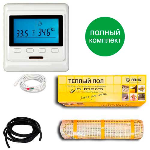 

Теплый пол двухжильный нагревательный мат IN-Term 200 + программируемый терморегулятор с двумя датчиками (пол + воздух) 5.3 м.кв - 1080Вт