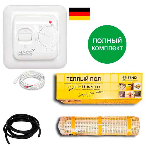 

Теплый пол двухжильный нагревательный мат IN-Term 200 + немецкий терморегулятор MACO TF1640 5.3 м.кв - 1080Вт