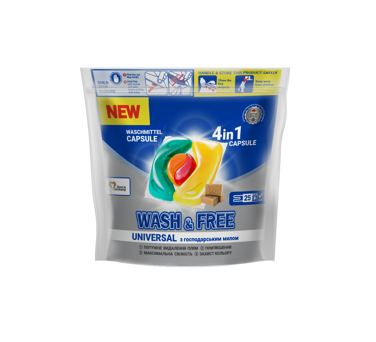

Средство для стирки в виде капсул Wash & Free со стружкой хозяйственного мыла 25 шт 4-х компонентный