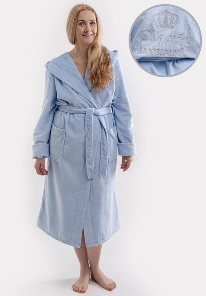 

Женский домашний халат с индивидуальной вышивкой на спине и на груди Daymoni с капюшоном и двумя накладными карманами велюр-махра  Голубой (04575-17, Женский домашний халат с индивидуальной вышивкой на спине и на груди Daymoni с капюшоном и двумя накладны