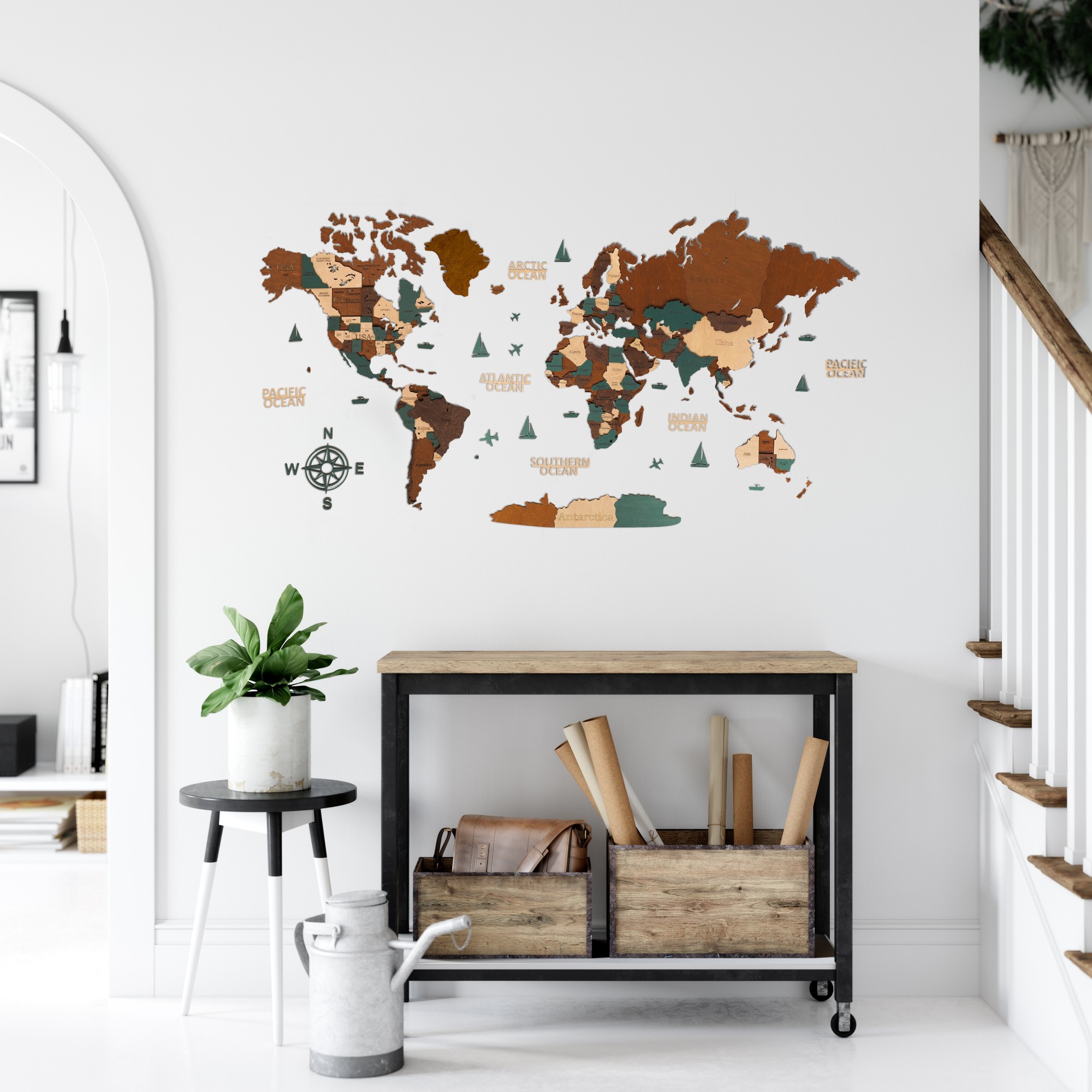 

3D Деревянная карта мира Wood Goods Стандарт 200x100 см коричневый зеленый
