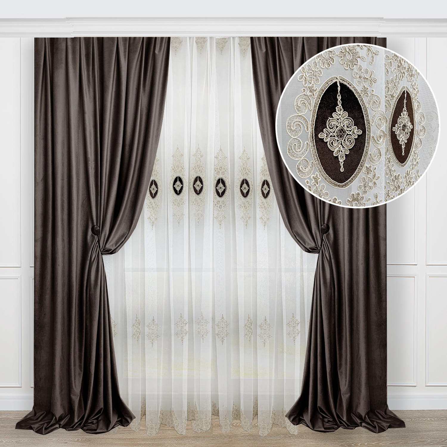 

Шторный комплект с тюлем Adagio Windows Decor в коричневой гамме - 150х270см (2 шторы) и тюль 600х270см