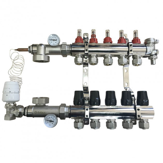 

Коллекторная группа Djoul в сборе на 4 выхода 1х3/4" с гайками (для теплого пола)