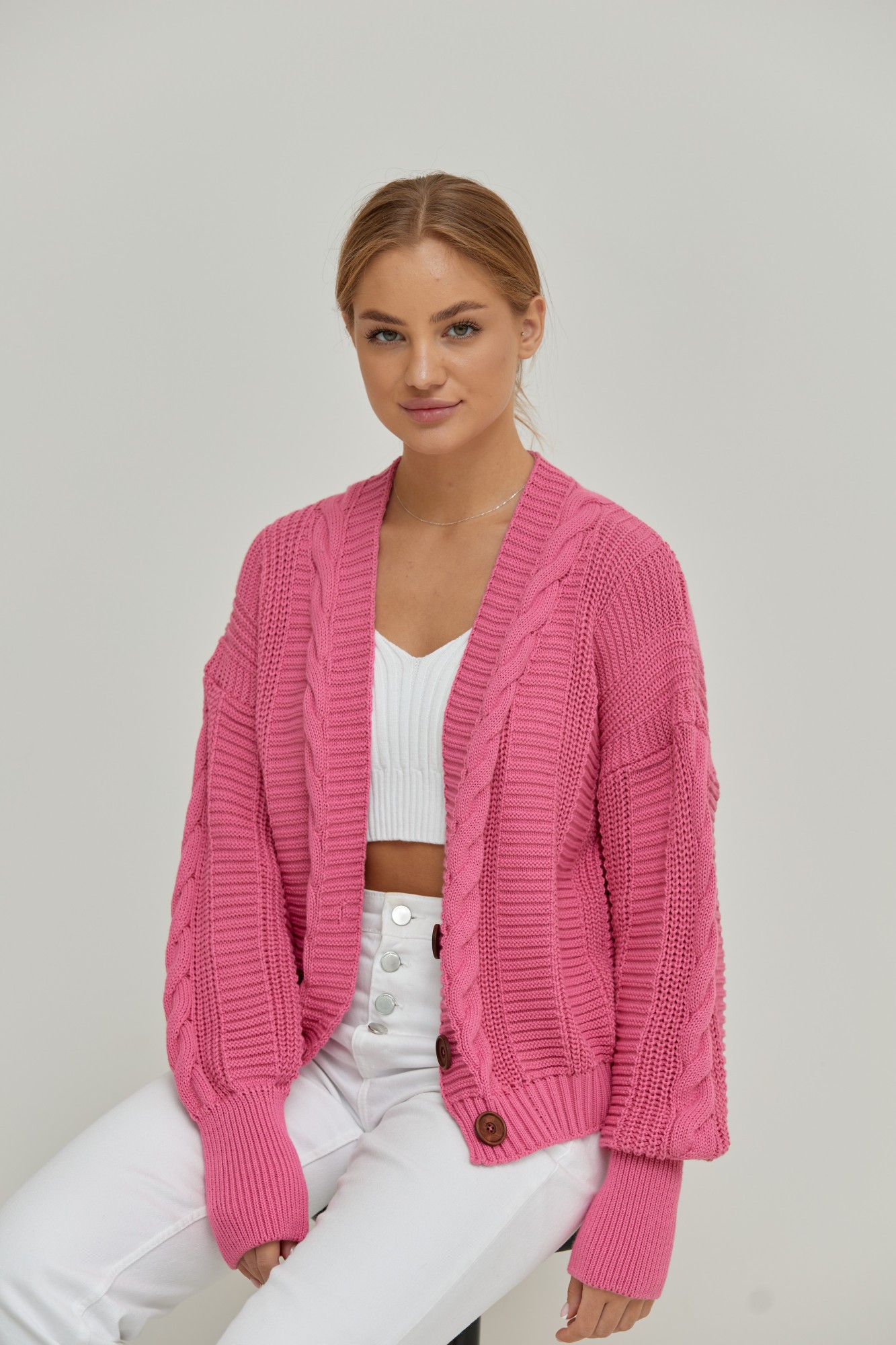 

Кардиган вязаный Verevka Braid Long  розовый, Кардиган вязаный Verevka Braid Long One size розовый