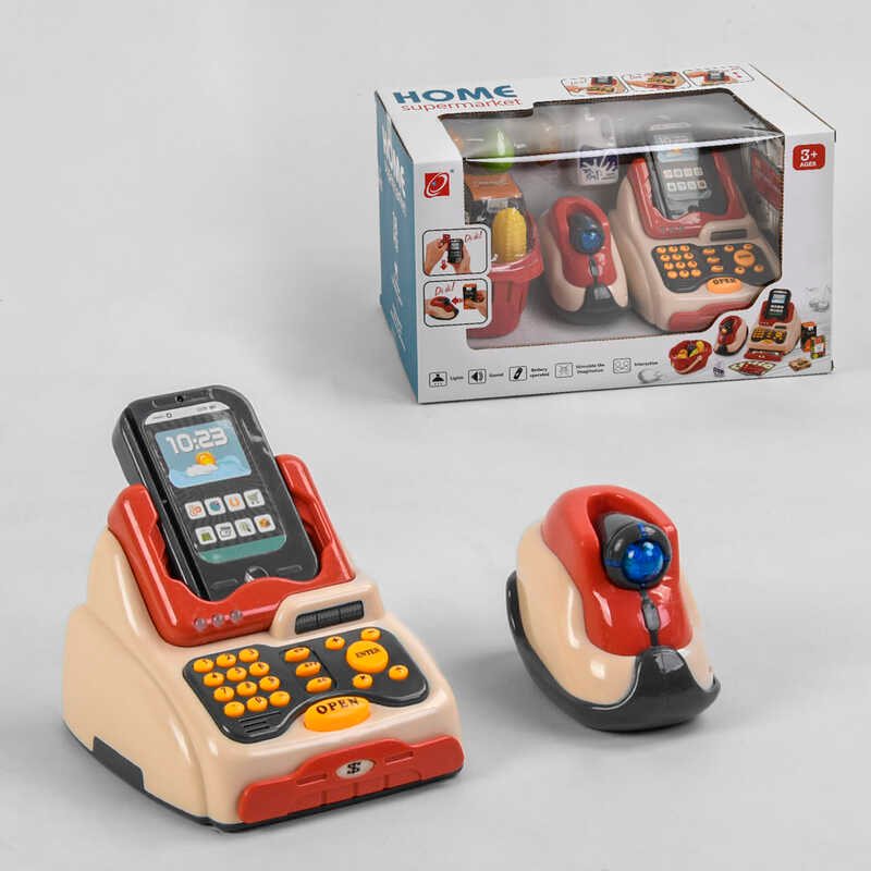 

Детский кассовый аппарат 668-93 на батарейках, подсветка, 18 предметов, звук, сканер, терминал, продукты