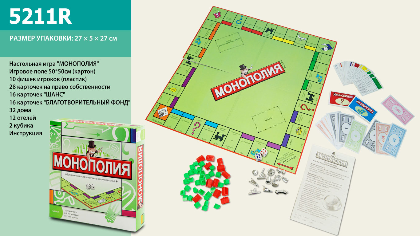 

Настольная игра "МОНОПОЛИЯ" в кор. 27*27*5см 5211R